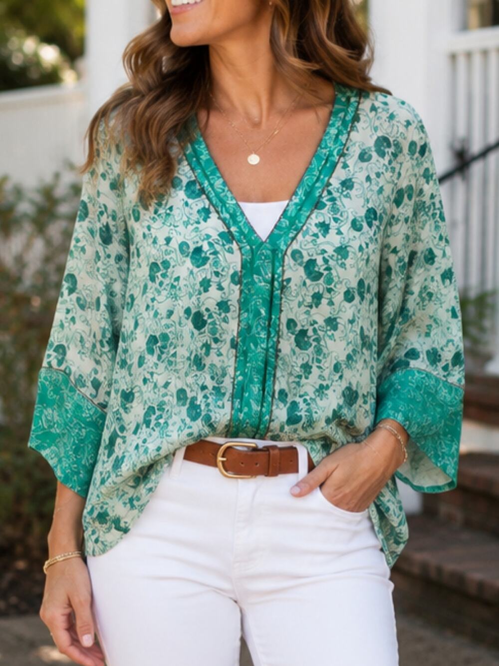 Chico's Green Floral Beaded Tunic Top Chico's Size 2 /  Large